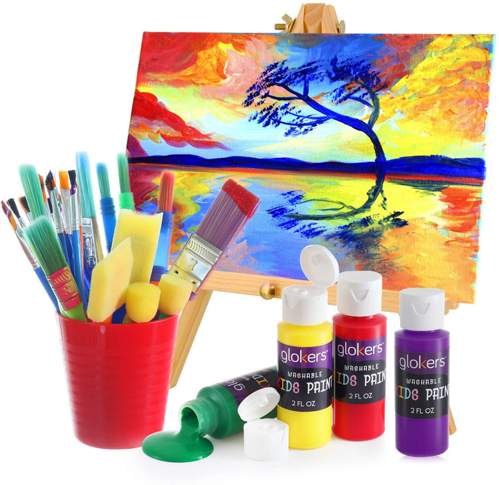 Complete Set of 30 Paint Brushes Bundle with 6 Washable Kids Paint -  Washable Kids Paints and Paintbrush Set - 2oz Assorted Bottles