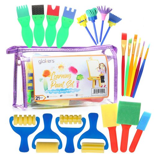 Glokers Early Learning Kids Paint Set, 21 Piece Mini Flower Sponge Paint Brushes. Assorted Painting Drawing Tools in a Clear Durable Storage Pouch