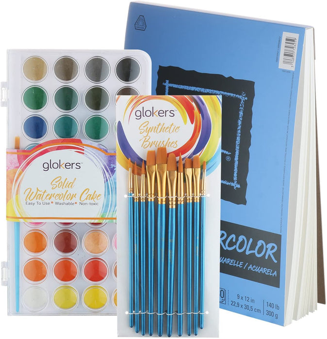 Watercolor Cake Paint Set Starter Kit Bundle with Canson XL Watercolor Sketchbook, 36 Cake Colors, 10 Painting Brushes.