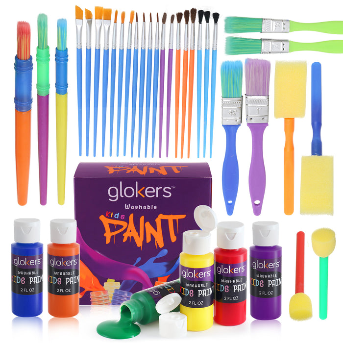 Complete Set of 30 Paint Brushes Bundle with 6 Washable Kids Paint - W