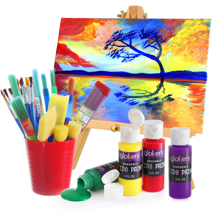 Glokers Complete Set of 30 Paint Brushes Bundle with 6 Non-Toxic Washable Kids Paint– Washable Kids Paints and Paintbrush Set - 2oz Assorted Bottles