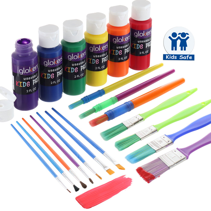 Glokers Complete Set of 30 Paint Brushes Bundle with 6 Non-Toxic Washable Kids Paint– Washable Kids Paints and Paintbrush Set - 2oz Assorted Bottles