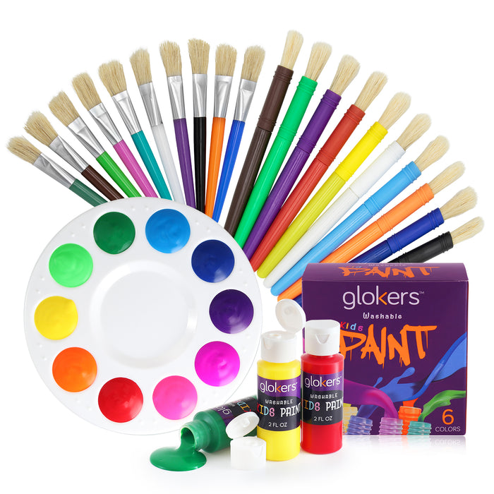 Glokers 20-Piece Kid's Paint Brush Set with Paint Palette and 6 Colors Paint