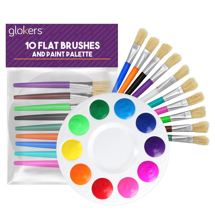 10 Flat Paint Brushes With Paint Palette