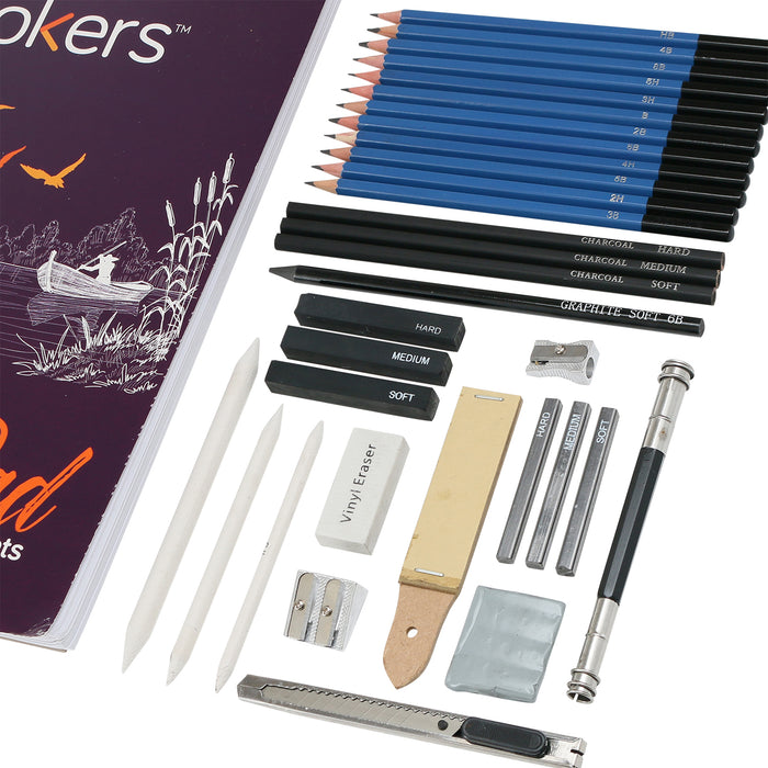 Ziggy V 33 Piece Professional Art Kit Drawing Pencils with Sketch Kit, Free Sketchpad, Charcoal Pencils, Graphite Pencils, Erasers with Kit Bag