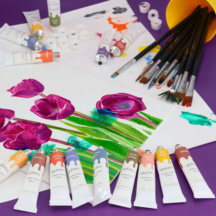Premium Watercolor Paint Set Bundle with Canson XL Watercolor Book + 24 Paint Tubes/Colors + 10 Professional Paintbrushes