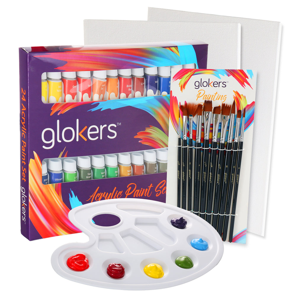 painting supplies, Art Supplies Set Includes Paint Palette, Sponge Brushes,  Canvases, Paintbrushes & Mixing Wheel, by Glokers