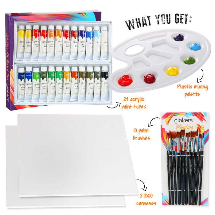 Glokers Premium Acrylic Paint Set 24 Acrylic Paint Color Tubes, 10 Professional Paintbrushes, 2 Pcs Canvas Panel, Plastic Palett