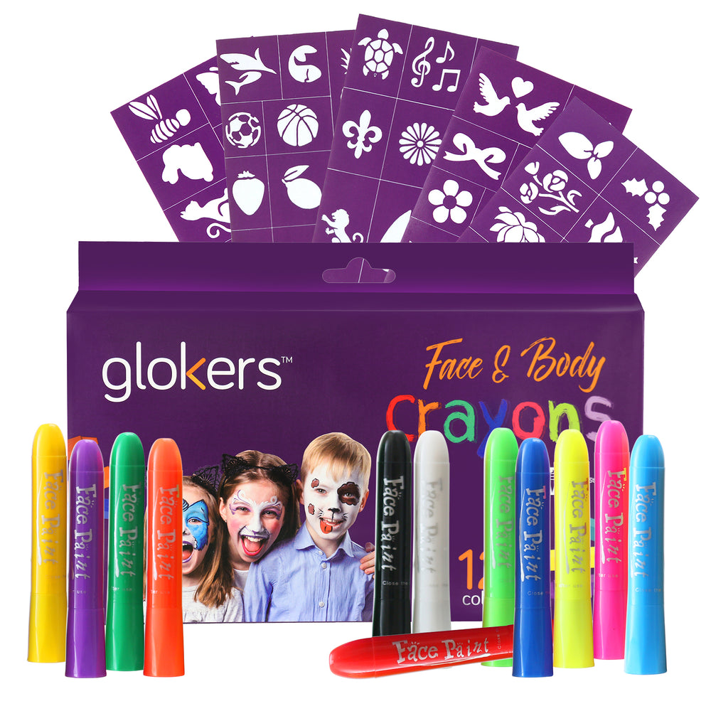 Glokers 12 Colors Washable Face and Body Crayons Set - Non-Toxic, Sweat Proof