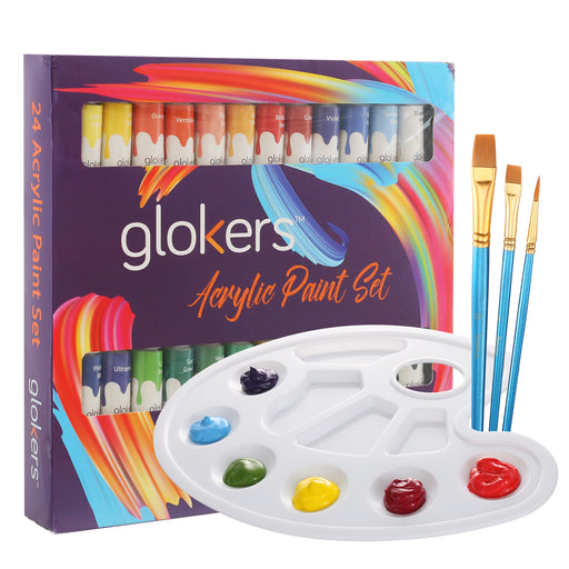 Acrylic Paint Set - 24 Colors & 3 Paint Brushes, Paint Palette