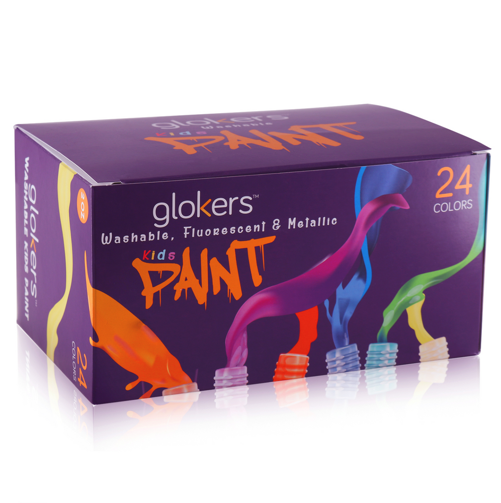 Glokers 24 2 oz Color Washable Paint Set for Kids Mix of Tempera Fluorescent & Metallic
