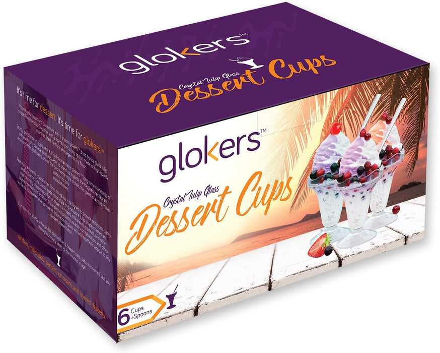 Glokers Dessert Cups, 5.5 Ounce Ice Cream Bowl or Sundae Cup, Clear Glass Tumblers Including Long Handle Stainless Steel Sundae Spoons, Set of 6 Each