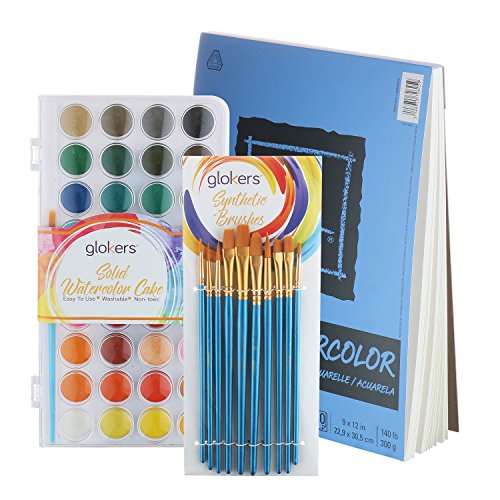 Premium Watercolor Paint Set by Glokers 24 Color Paint Tubes + 10 Brushes