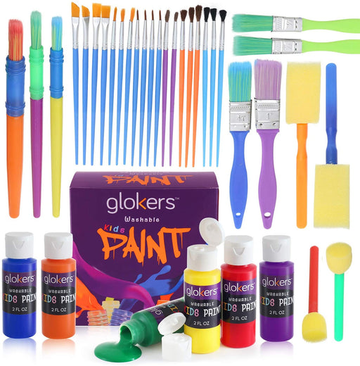 Complete Set of 30 Paint Brushes Bundle with 6 Washable Kids Paint - Made in the USA