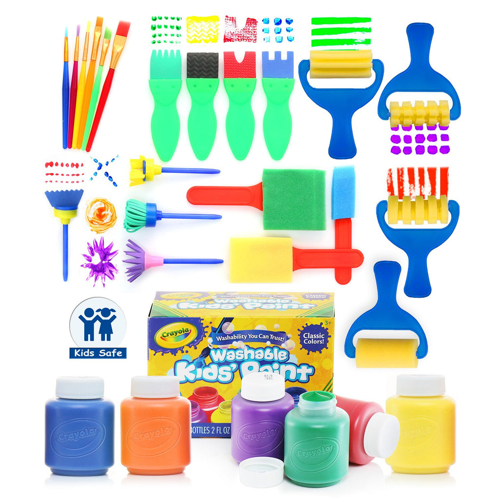 Upgraded Early Learning Paint Set, 30 Piece Assorted Sponge Painting  Brushes & Drawing Tools. Includes 6 Bottles of Washable Kids Paint - Made  in USA