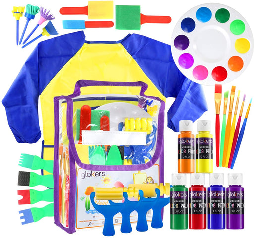 Upgraded Early Learning Paint Set, 30 Piece Assorted Sponge Painting Brushes & Drawing Tools. Includes 6 Bottles of Washable Kids Paint - Made in USA