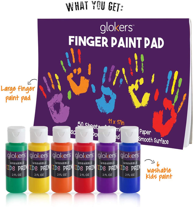 Glokers Kids Finger Paint Set – 6 Non-Toxic Washable Kids Paint, 11x17” Finger Paint Pad with 50 Sheets