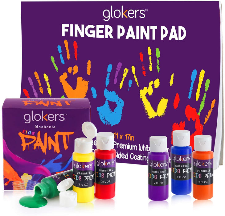 Glokers Kids Finger Paint Set – 6 Non-Toxic Washable Kids Paint, 11x17” Finger Paint Pad with 50 Sheets